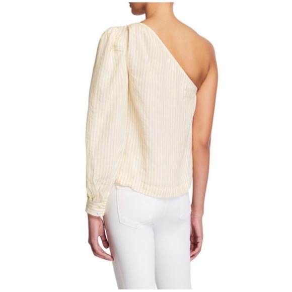 Frame Denim Linen One Shoulder Long Puff Sleeve Yellow Striped Blouse Top XS - Picture 7 of 11